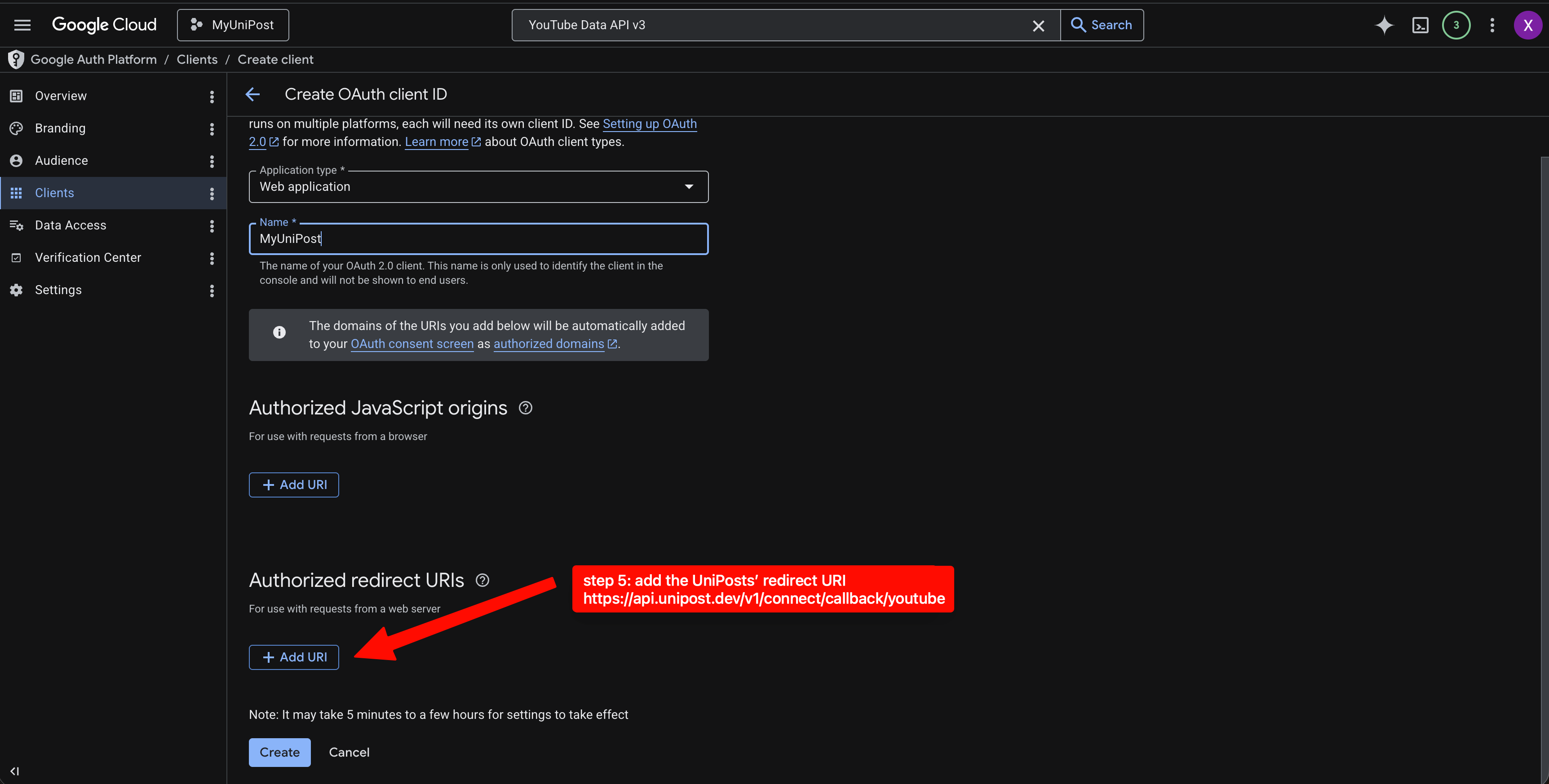Step 5: choose `Web application` and add UniPost's redirect URI